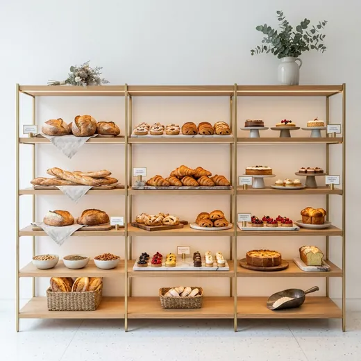 Rak Display Bakery Rangka Besi Finishing Gold dengan Rak Kayu