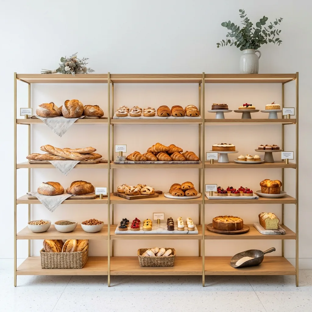 Rak Display Bakery Rangka Besi Finishing Gold dengan Rak Kayu
