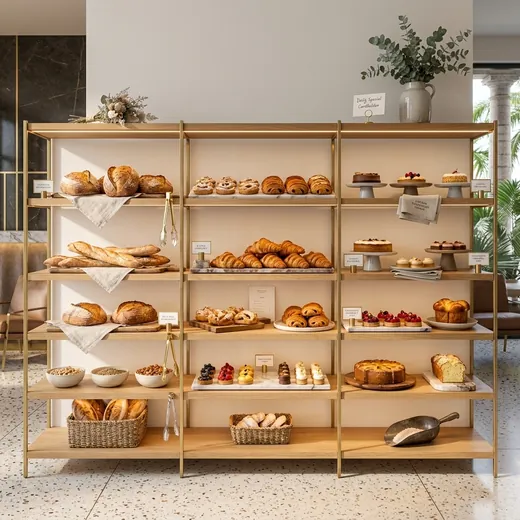 Rak Display Bakery Rangka Besi Finishing Gold dengan Rak Kayu &ndash; contoh penerapan 1
