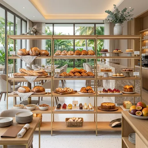 Rak Display Bakery Rangka Besi Finishing Gold dengan Rak Kayu &ndash; contoh penerapan 2