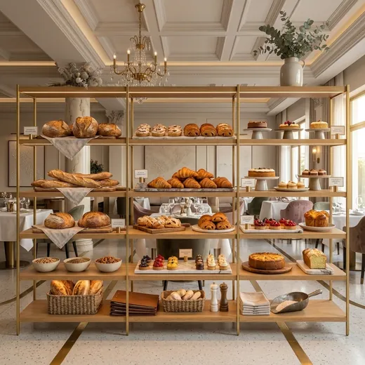 Rak Display Bakery Rangka Besi Finishing Gold dengan Rak Kayu &ndash; contoh penerapan 3
