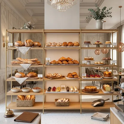 Rak Display Bakery Rangka Besi Finishing Gold dengan Rak Kayu &ndash; contoh penerapan 4