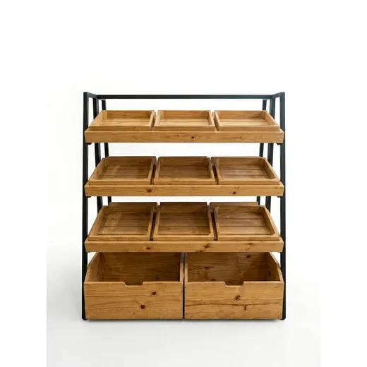 Rak Display Kayu Besi 4 Tier dengan Kotak Susun