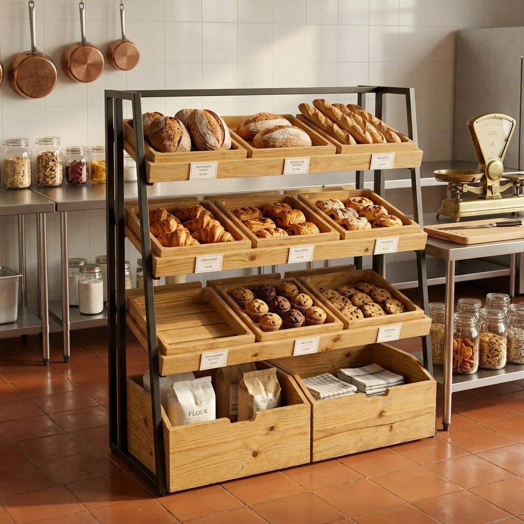 Rak Display Kayu Besi 4 Tier dengan Kotak Susun