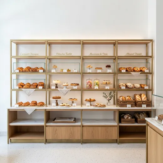 Rak Display Bakery Rangka Besi Finishing Brass dengan Kabinet Kayu