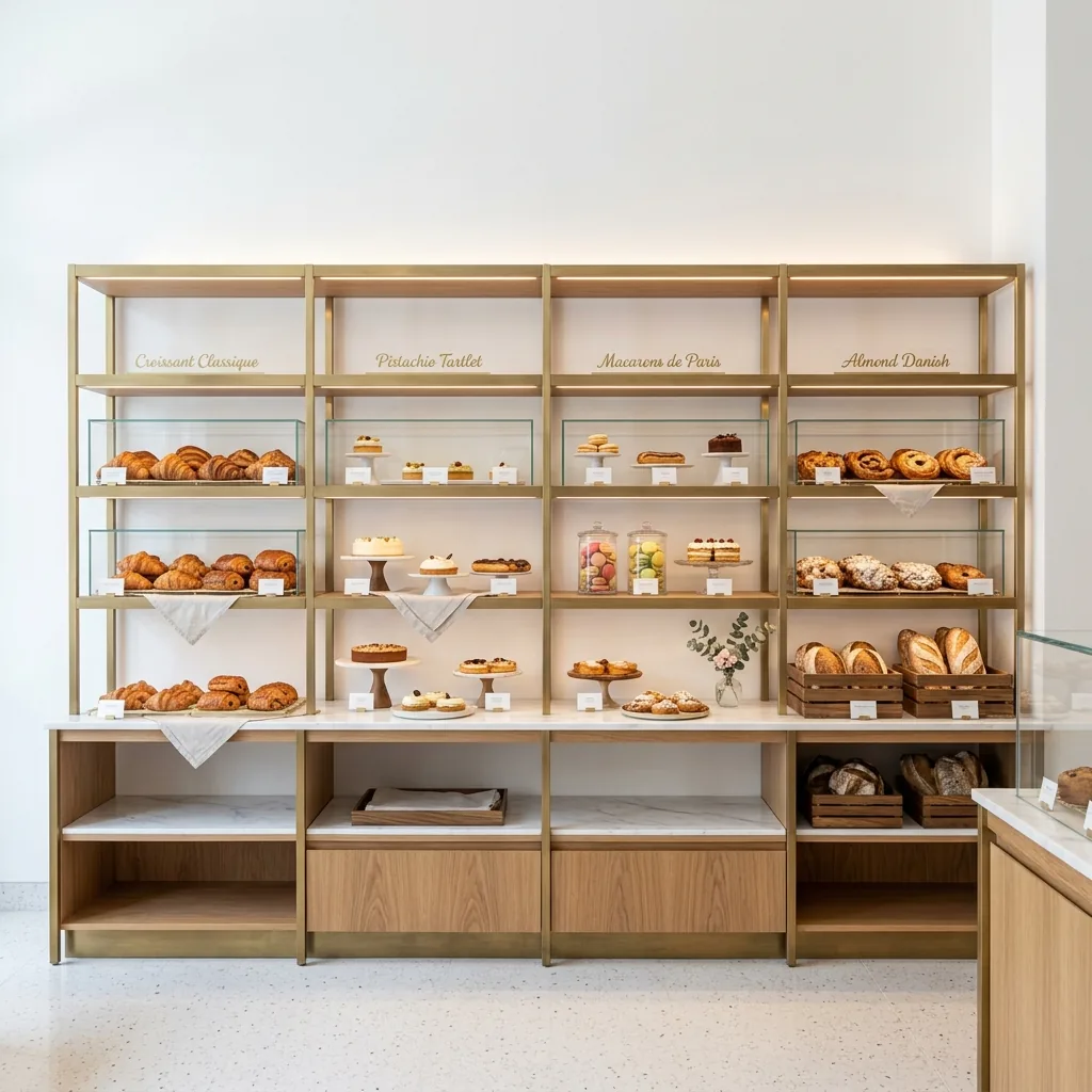 Rak Display Bakery Rangka Besi Finishing Brass dengan Kabinet Kayu