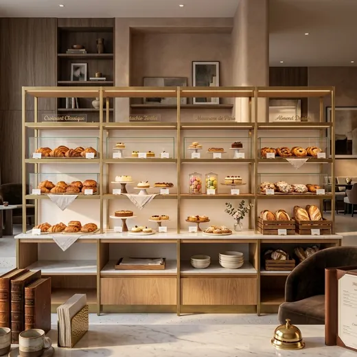 Rak Display Bakery Rangka Besi Finishing Brass dengan Kabinet Kayu &ndash; contoh penerapan 1