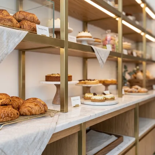 Rak Display Bakery Rangka Besi Finishing Brass dengan Kabinet Kayu &ndash; contoh penerapan 2