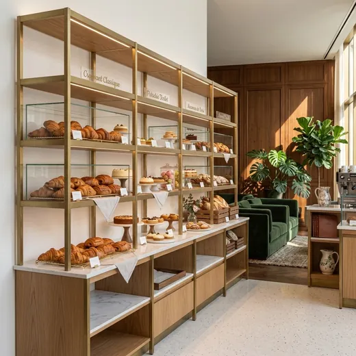 Rak Display Bakery Rangka Besi Finishing Brass dengan Kabinet Kayu &ndash; contoh penerapan 3