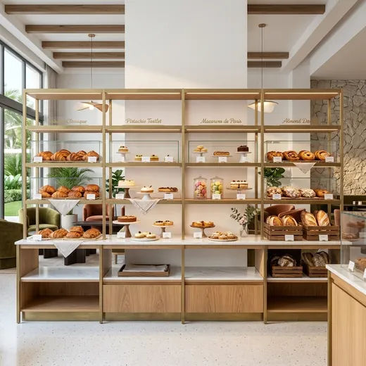 Rak Display Bakery Rangka Besi Finishing Brass dengan Kabinet Kayu &ndash; contoh penerapan 4