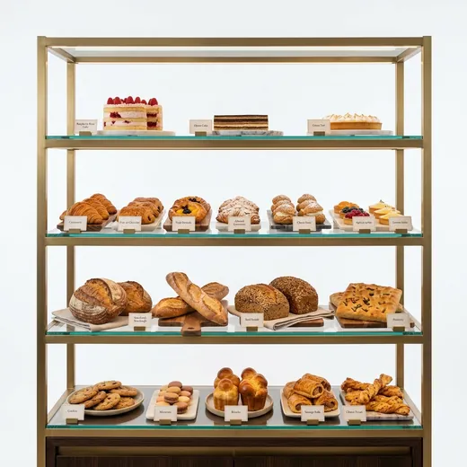 Rak Display Bakery Rangka Besi Finishing Gold dengan Rak Kaca