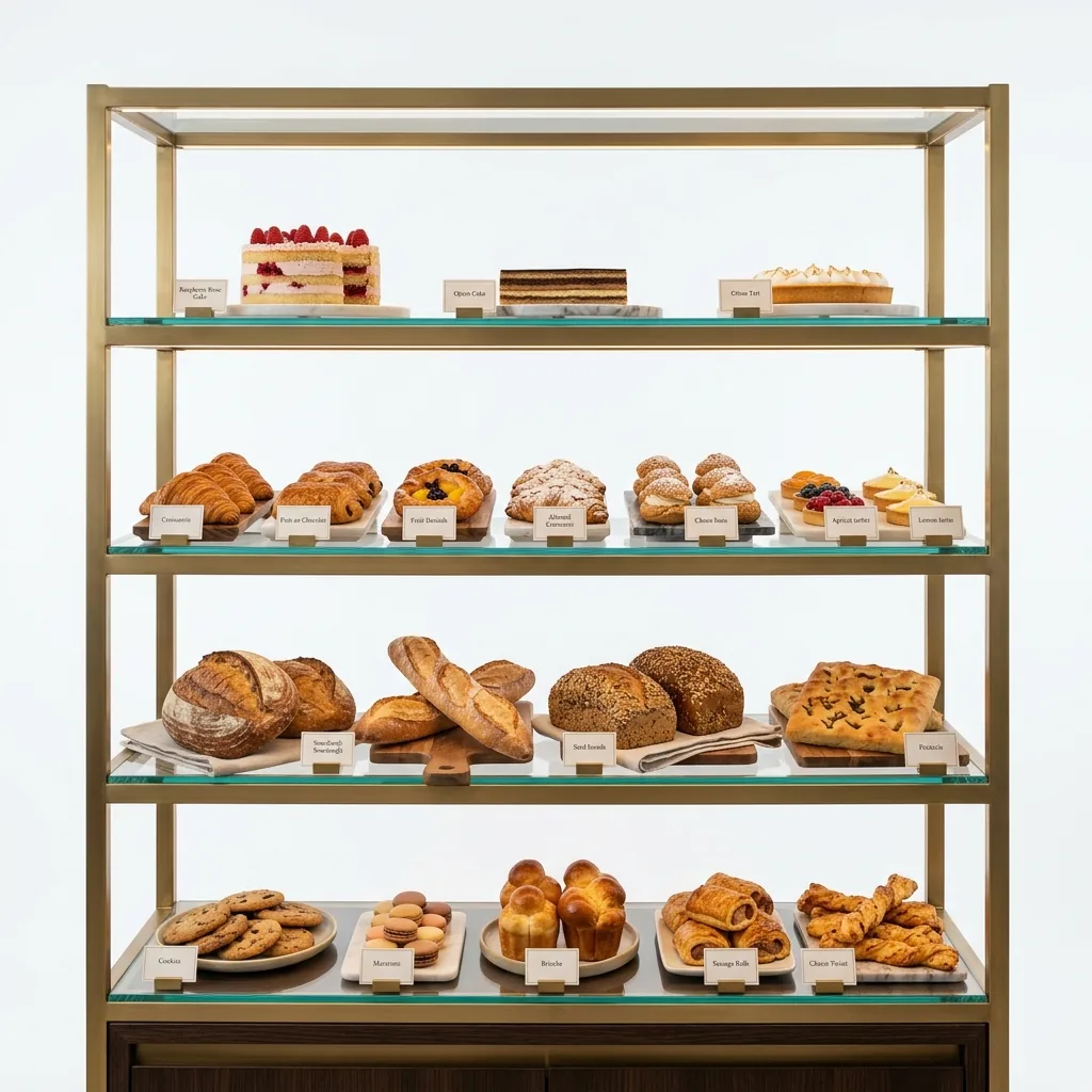 Rak Display Bakery Rangka Besi Finishing Gold dengan Rak Kaca