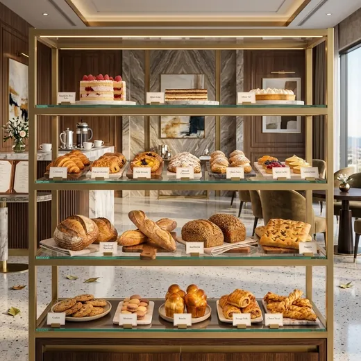 Rak Display Bakery Rangka Besi Finishing Gold dengan Rak Kaca &ndash; contoh penerapan 1