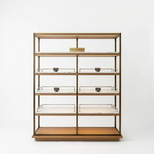 Rak Display Bakery Rangka Besi Finishing Brass dengan Rak Marmer