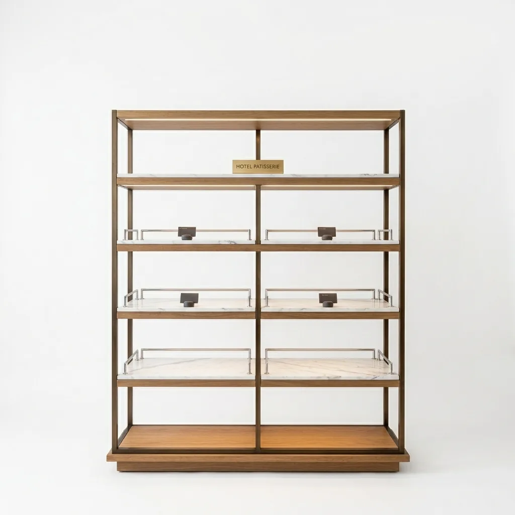 Rak Display Bakery Rangka Besi Finishing Brass dengan Rak Marmer