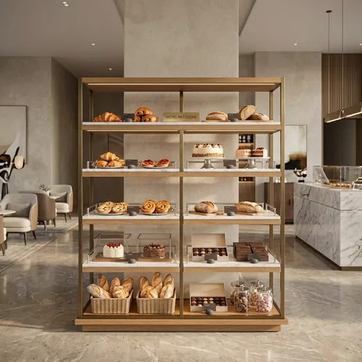 Rak Display Bakery Rangka Besi Finishing Brass dengan Rak Marmer &ndash; contoh penerapan 1