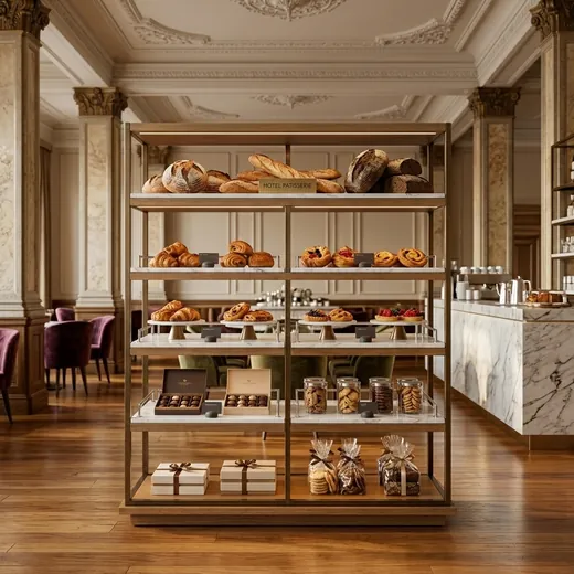 Rak Display Bakery Rangka Besi Finishing Brass dengan Rak Marmer &ndash; contoh penerapan 2