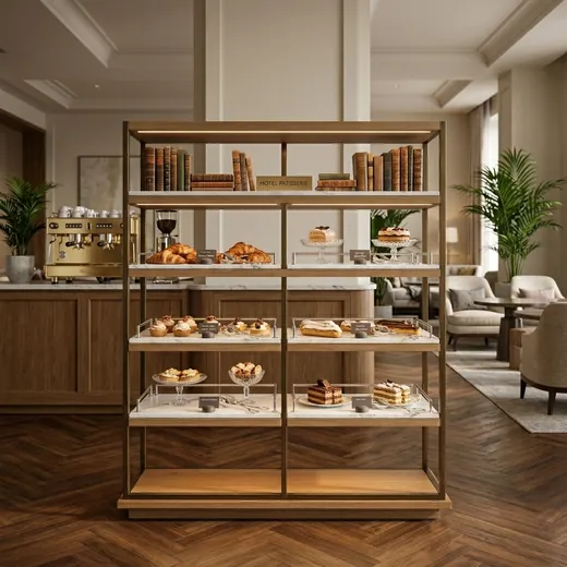Rak Display Bakery Rangka Besi Finishing Brass dengan Rak Marmer &ndash; contoh penerapan 4